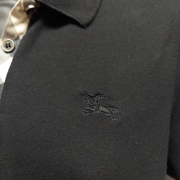 Burberry Brit Women L Black Pique Polo Shirt Nova Check Placket Equestrian Logo - Picture 4 of 14